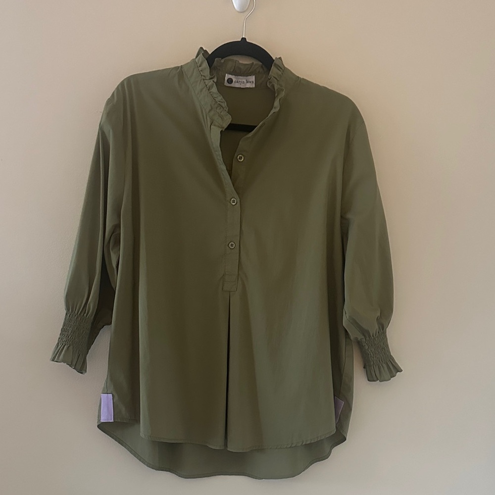Caryn Lawn Womens Kimberly Olive Green Smocked Sleeve Popover Shirt One Size
